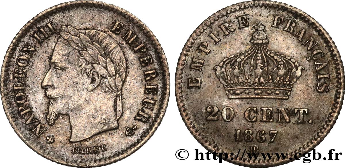 20 centimes Napoléon III, tête laurée, grand module 1867 Strasbourg F.150/2 MB35 