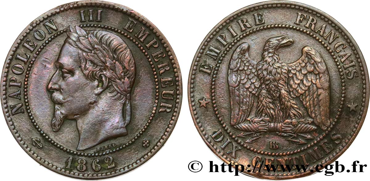 Dix centimes Napoléon III, tête laurée 1862 Strasbourg F.134/8 SS45 