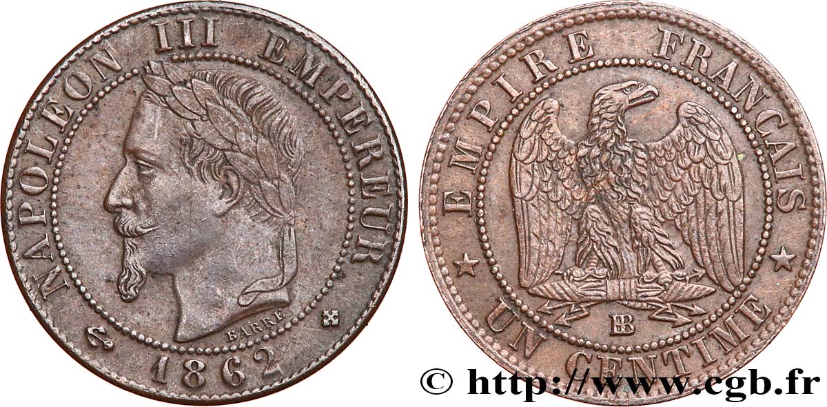 Un centime Napoléon III, tête laurée 1862 Strasbourg F.103/5 TTB50 