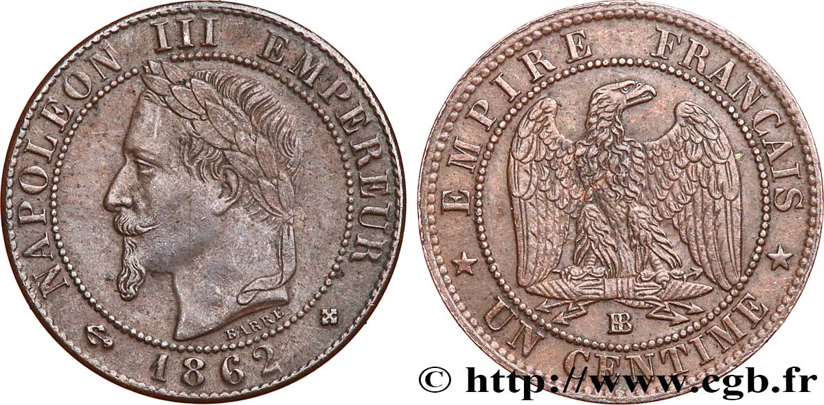 Un centime Napoléon III, tête laurée 1862 Strasbourg F.103/5 SS50 