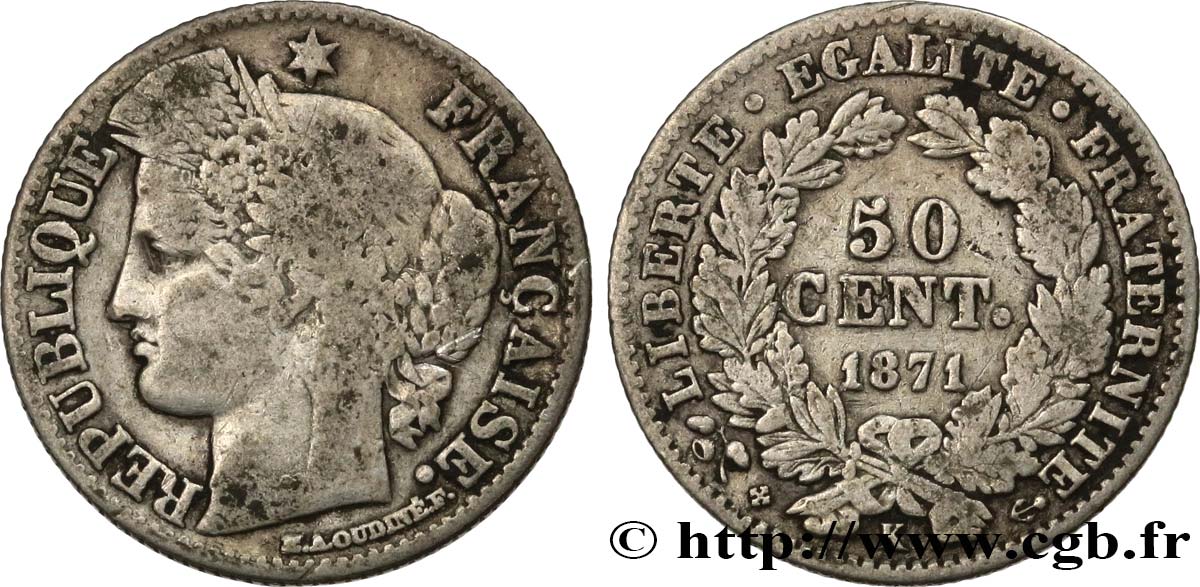 50 centimes Cérès, IIIe République 1871 Bordeaux F.189/2 MB15 