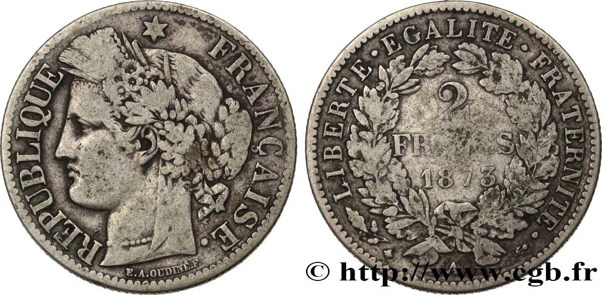 2 francs Cérès, avec légende 1873 Paris F.265/10 TB25 