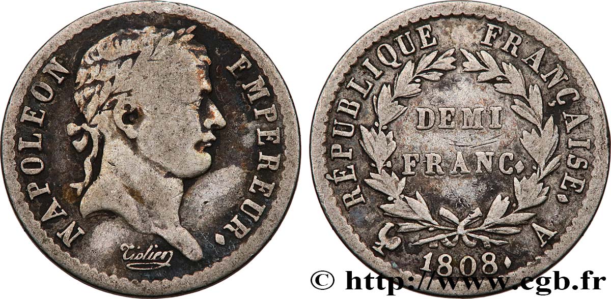Demi-franc Napoléon Ier tête laurée, République française 1808 Paris F.177/2 TB25 
