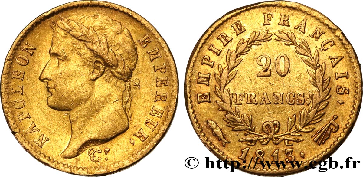 20 francs or Napoléon tête laurée, Empire français 1813 Utrecht F.516/37 BB 