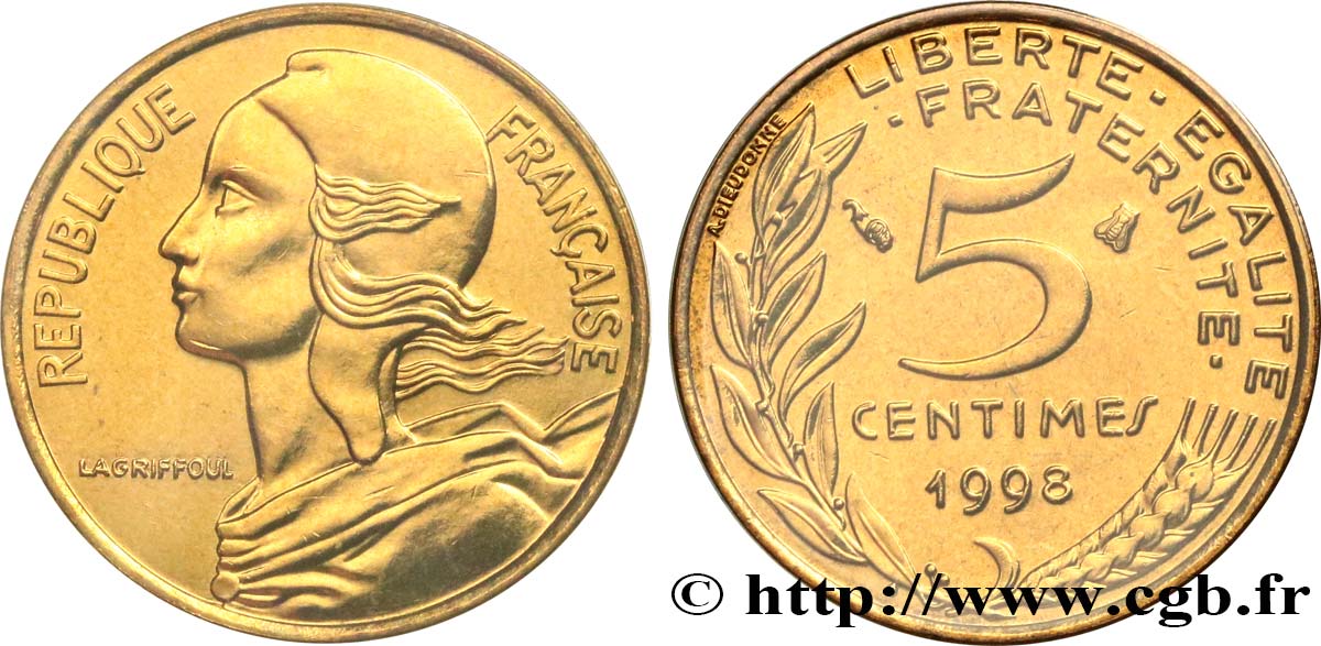5 centimes Marianne, BU (Brillant Universel) 1998 Pessac F.125/41 FDC 