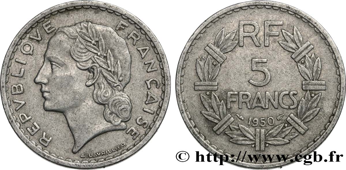 5 francs Lavrillier, aluminium 1950 Beaumont-Le-Roger F.339/21 XF40 