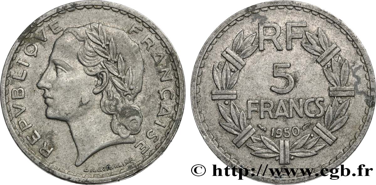 5 francs Lavrillier, aluminium 1950 Beaumont-Le-Roger F.339/21 XF45 