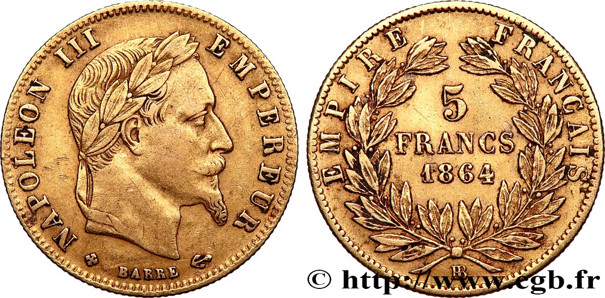 5 francs or Napoléon III, tête laurée 1864 Strasbourg F.502/6 S35 
