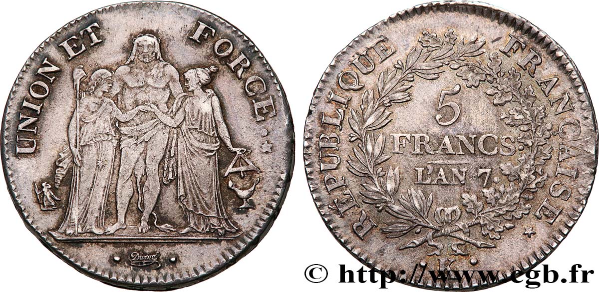5 francs Union et Force, Union serré, avec glands intérieurs et gland extérieur 1799 Bordeaux F.288/108 AU58 