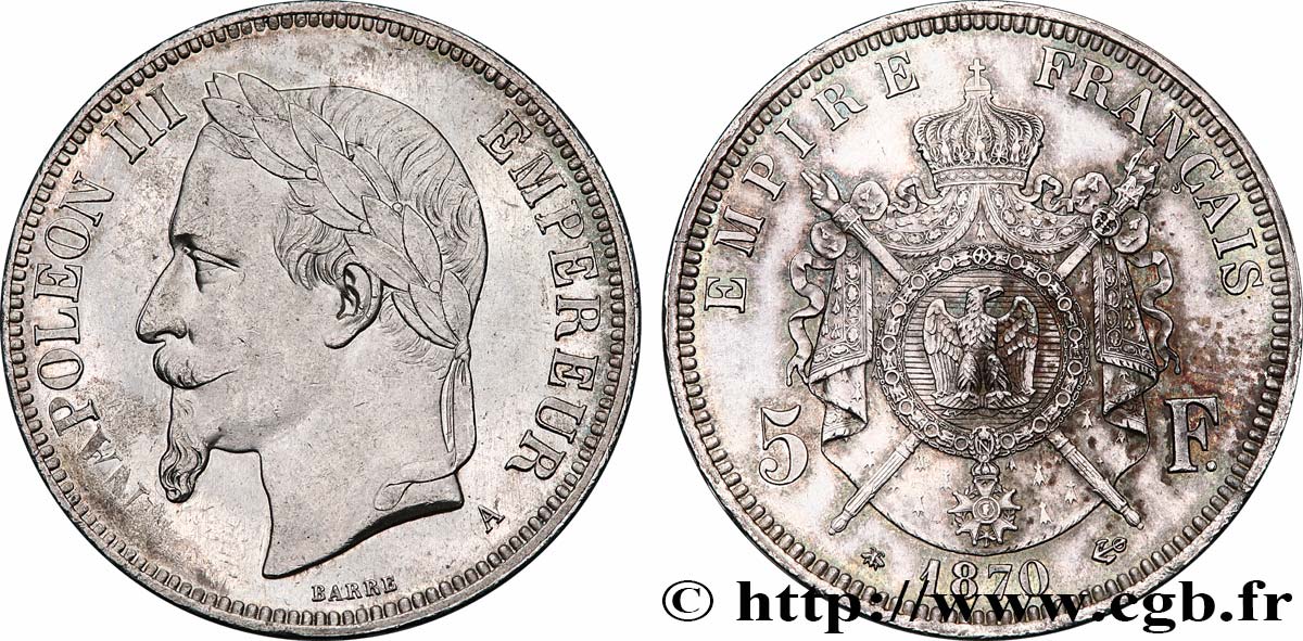 5 francs Napoléon III, tête laurée 1870 Paris F.331/16 SUP 