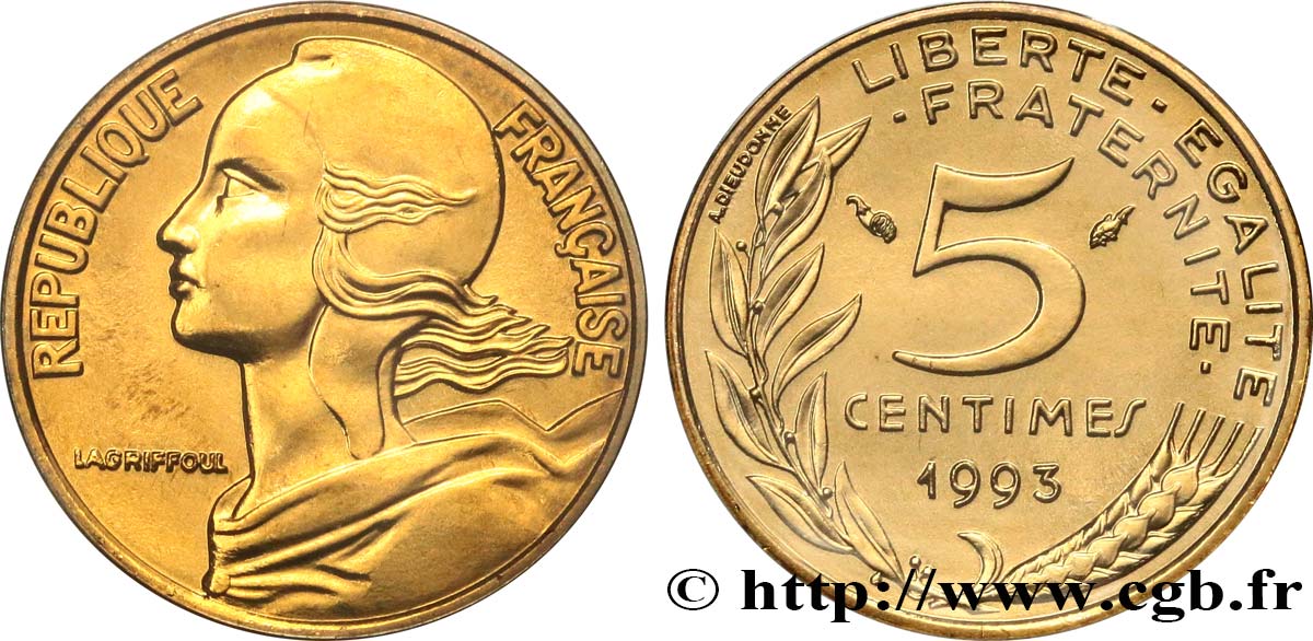 5 centimes Marianne, BU (Brillant Universel), frappe médaille 1993 Pessac F.125/34 FDC 