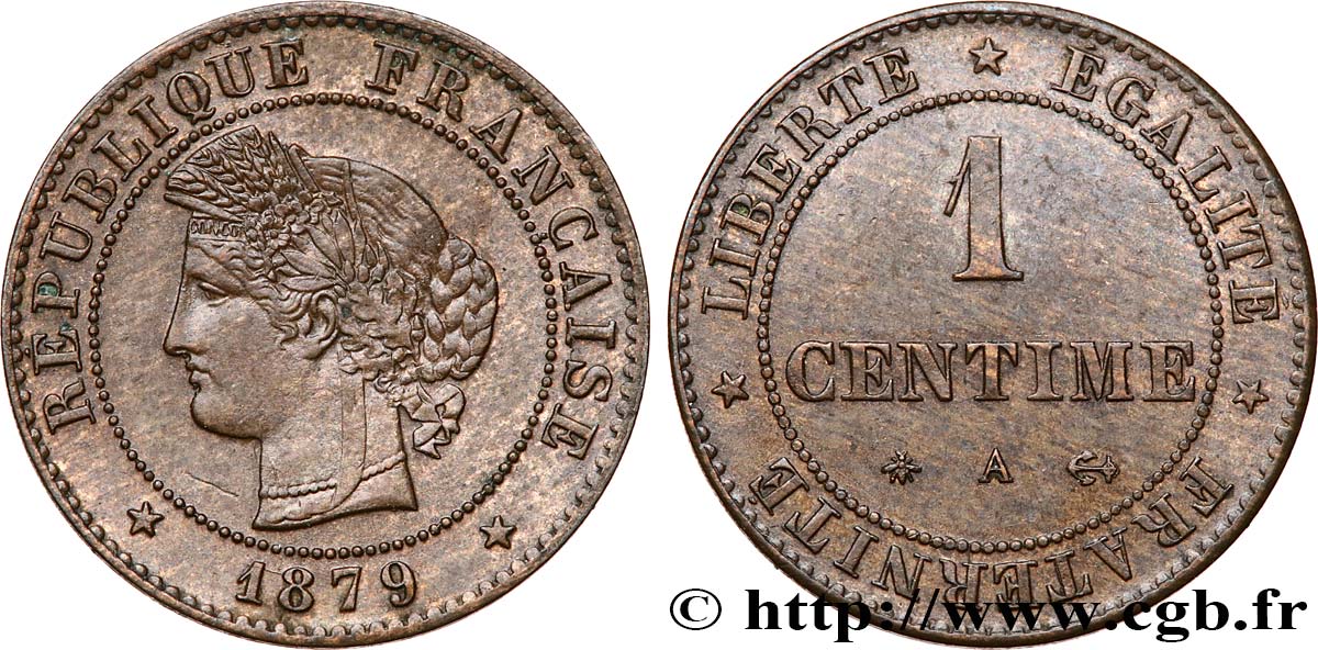 1 centime Cérès, ancre barrée 1879 Paris F.104/9 AU58 NGC