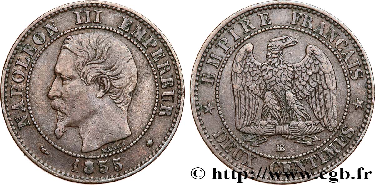 Deux centimes Napoléon III, tête nue 1855 Strasbourg F.107/23 S35 