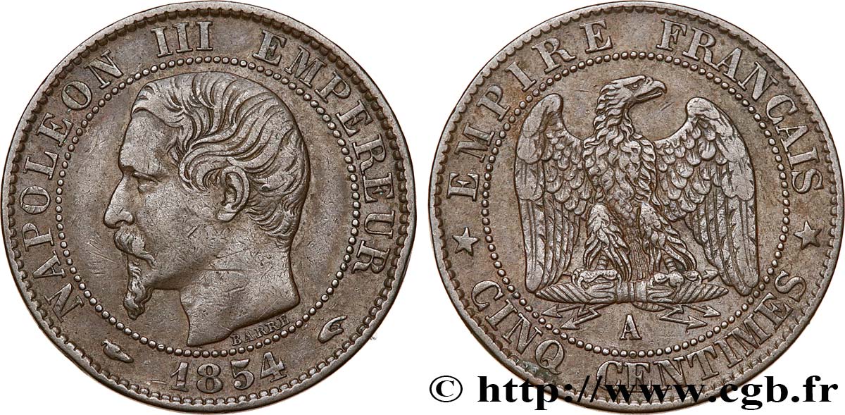 Cinq centimes Napoléon III, tête nue 1854 Paris F.116/8 TB35 