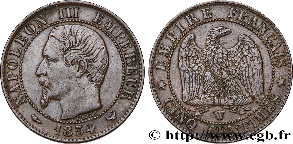 Cinq centimes Napoléon III, tête nue 1854 Lille F.116/15 XF45 