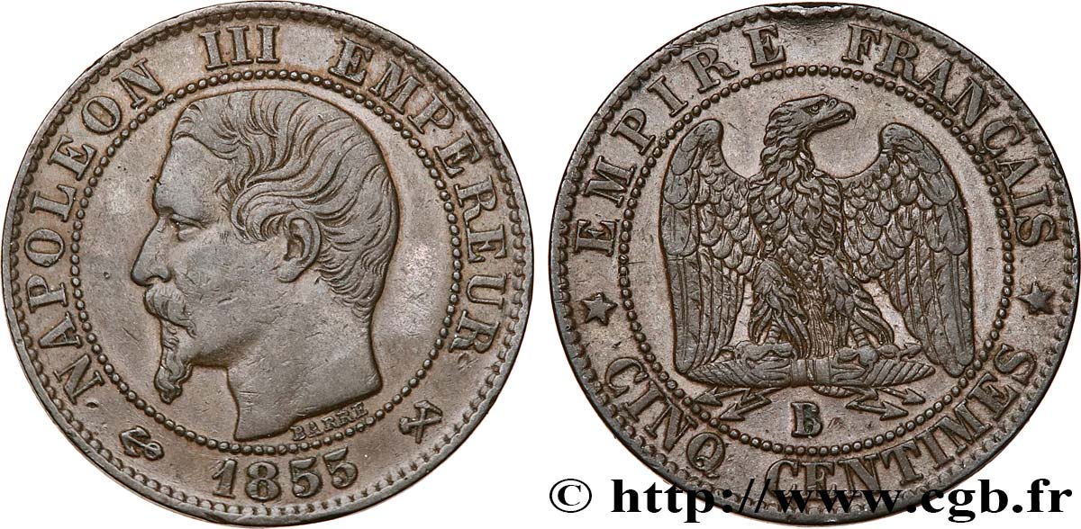 Cinq centimes Napoléon III, tête nue 1855 Rouen F.116/19 TTB45 