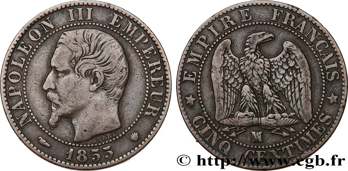 Cinq centimes Napoléon III, tête nue 1855 Marseille F.116/26 TB25 