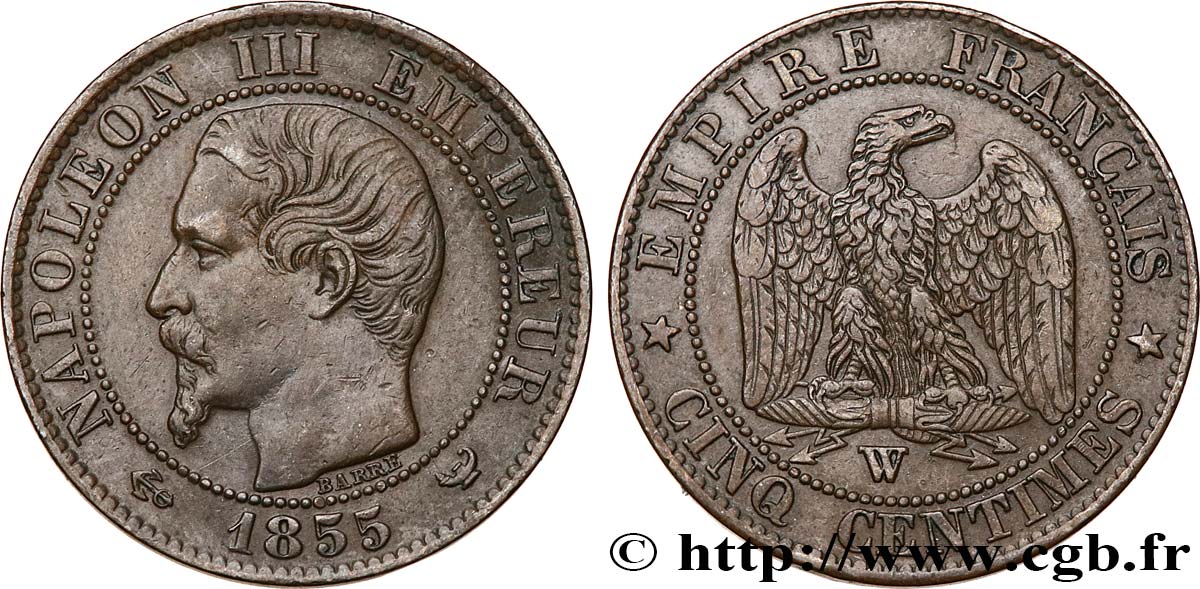 Cinq centimes Napoléon III, tête nue 1855 Lille F.116/29 TTB45 