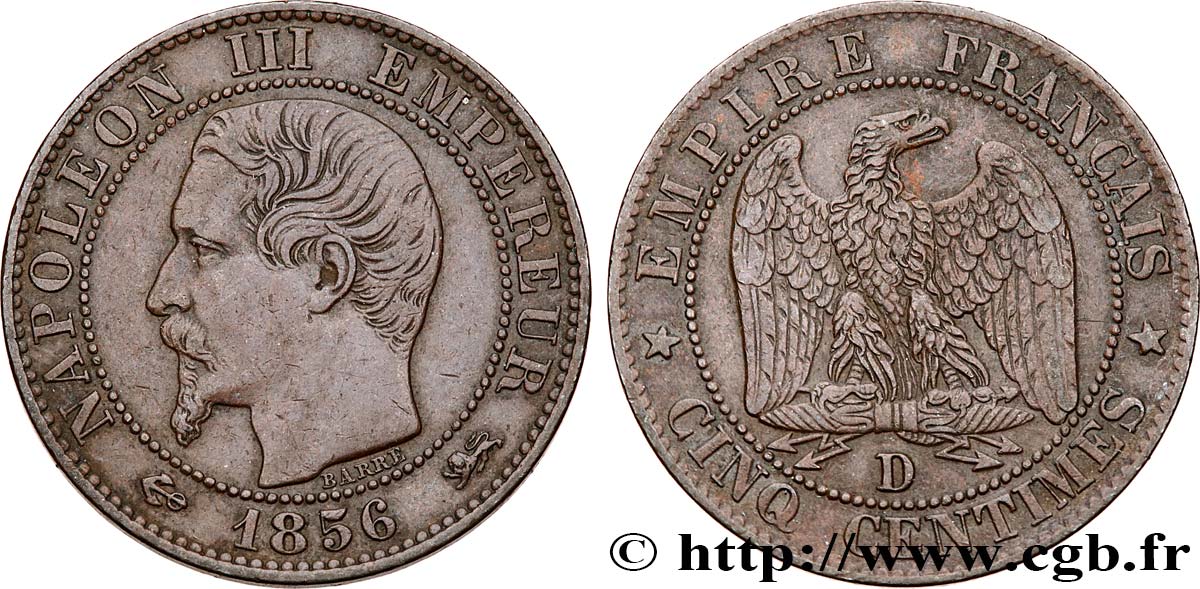Cinq centimes Napoléon III, tête nue 1856 Lyon F.116/33 XF45 