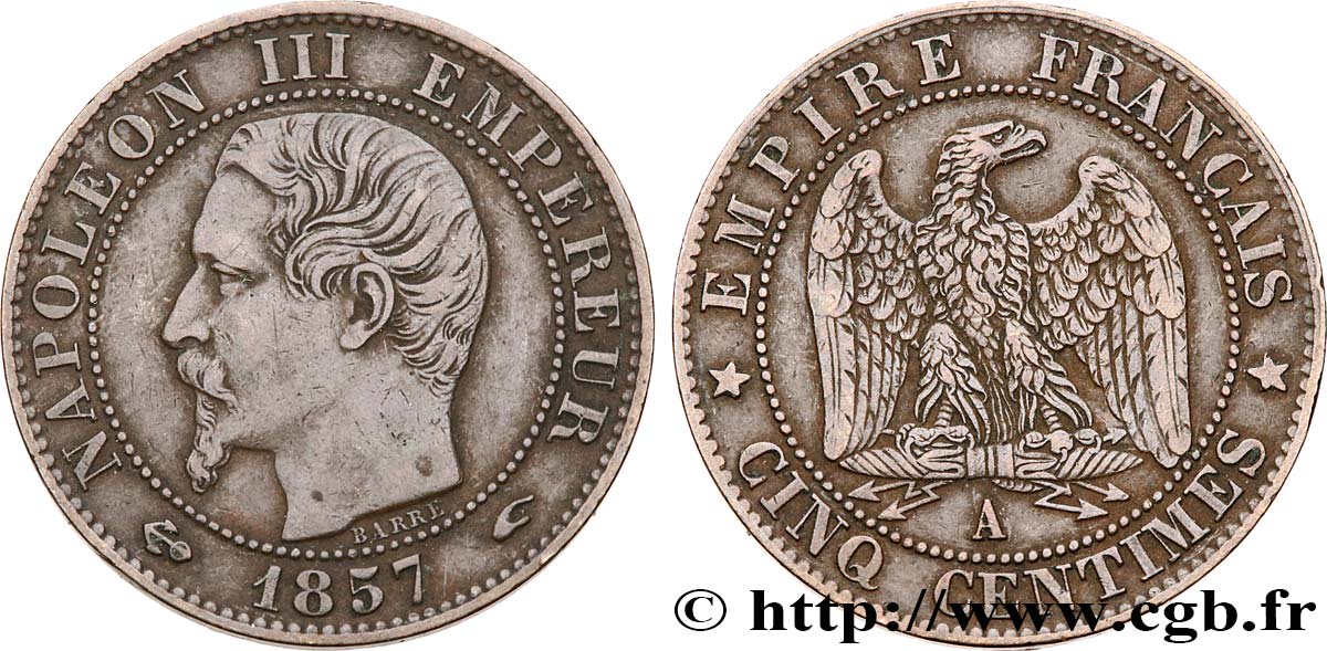 Cinq centimes Napoléon III, tête nue 1857 Paris F.116/37 BB40 