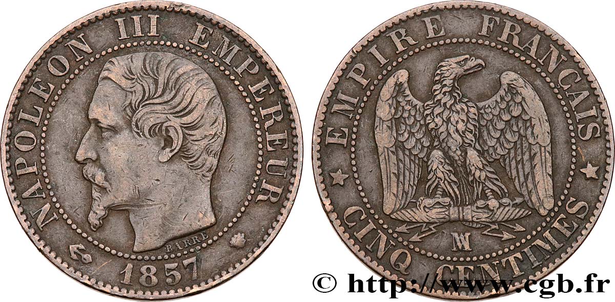 Cinq centimes Napoléon III, tête nue 1857 Marseille F.116/42 TB+ 