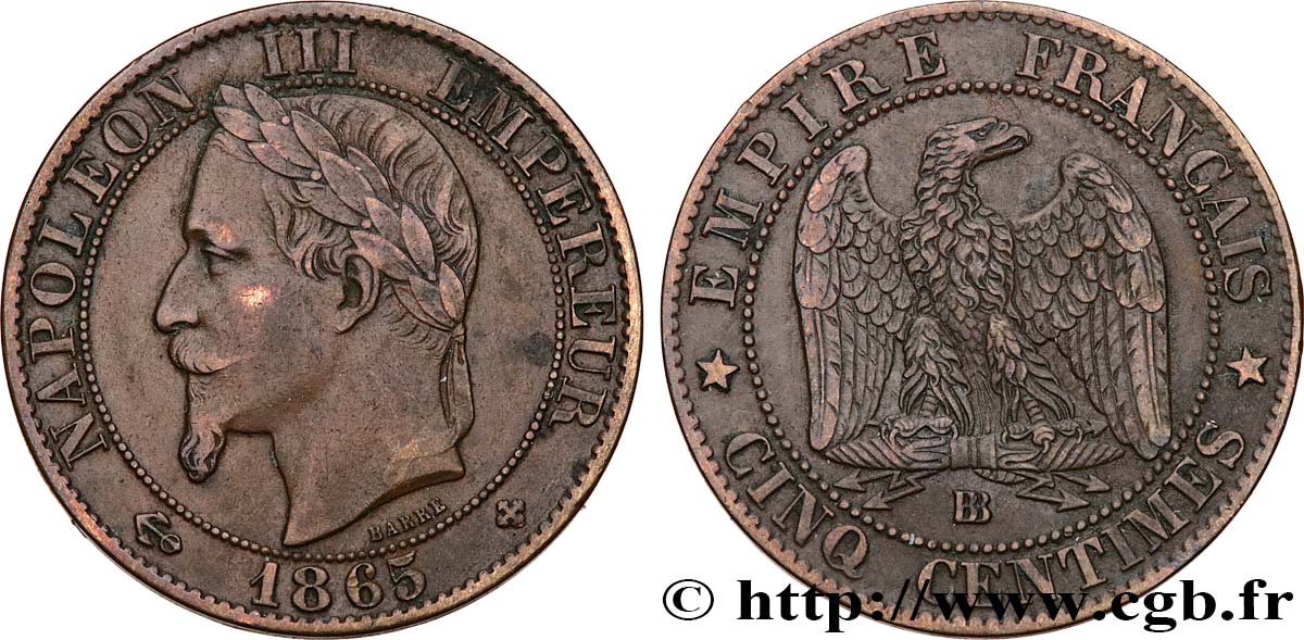 Cinq centimes Napoléon III, tête laurée 1865 Strasbourg F.117/17 MBC40 