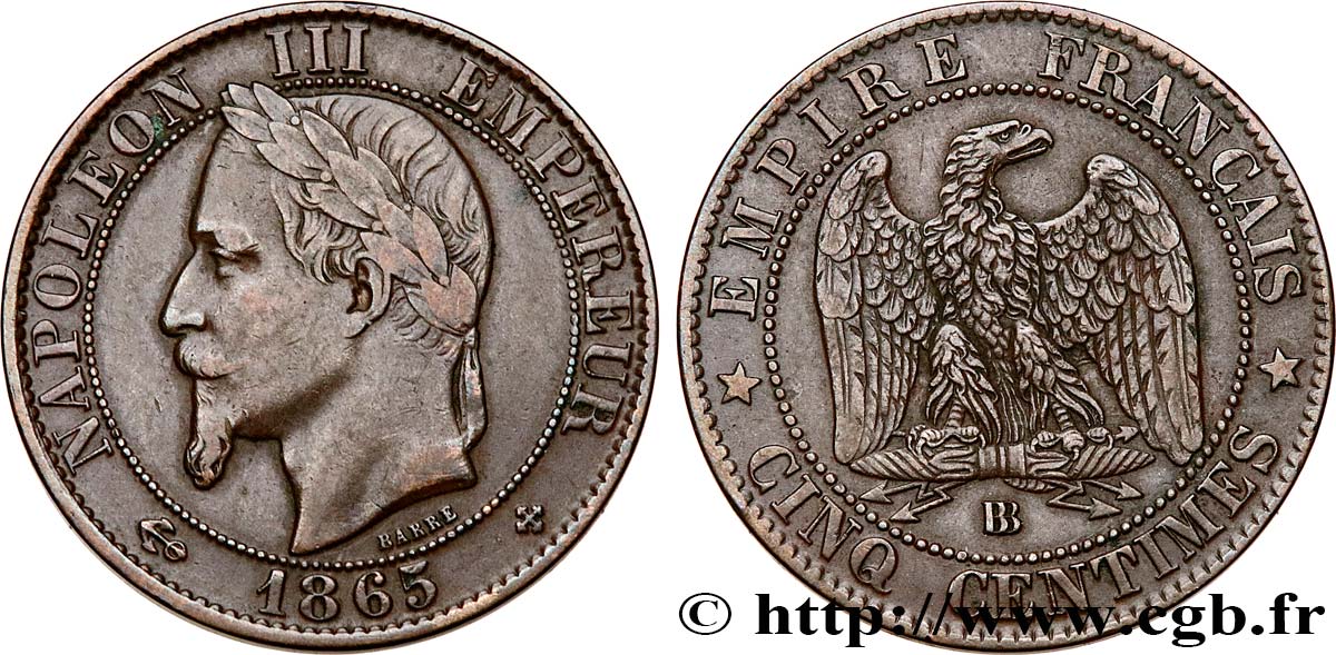 Cinq centimes Napoléon III, tête laurée 1865 Strasbourg F.117/17 S35 