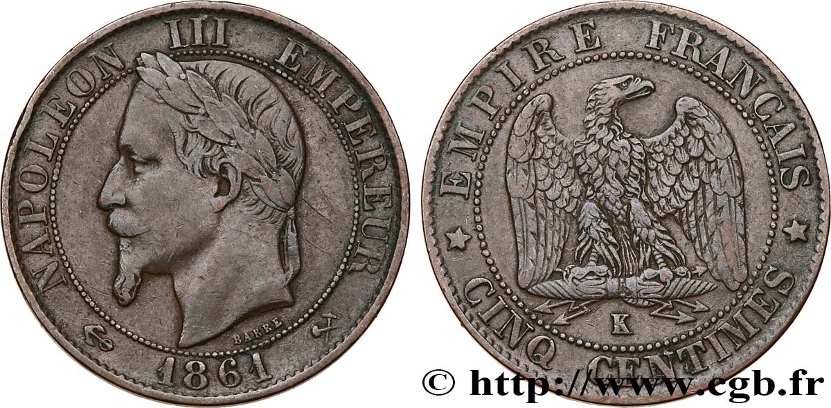 Cinq centimes Napoléon III, tête laurée 1861 Bordeaux F.117/6 S35 