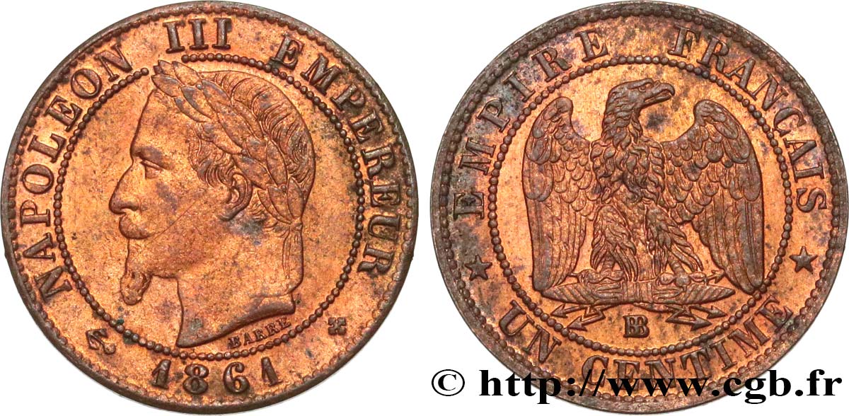 Un centime Napoléon III, tête laurée 1861 Strasbourg F.103/2 MBC40 