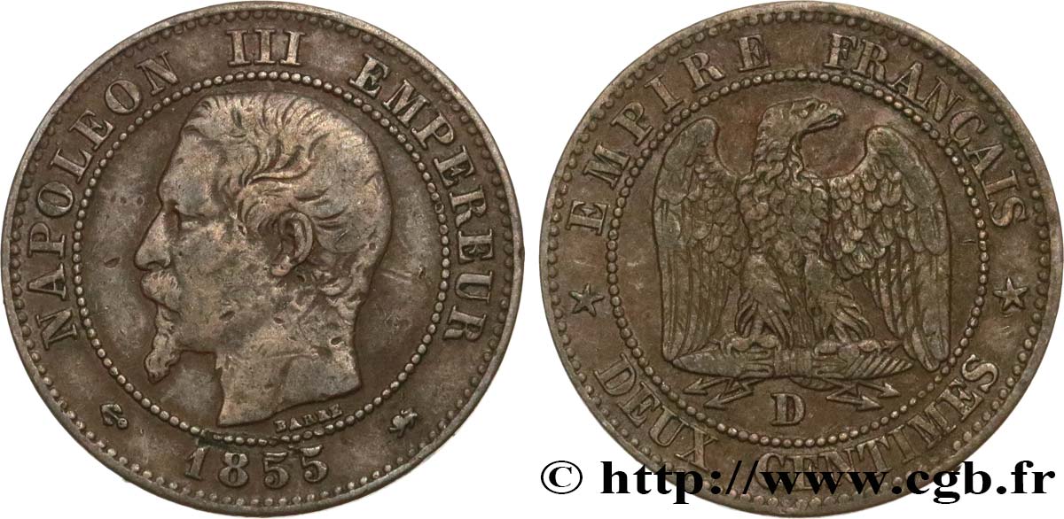 Deux centimes Napoléon III, tête nue 1855 Lyon F.107/28 BC25 