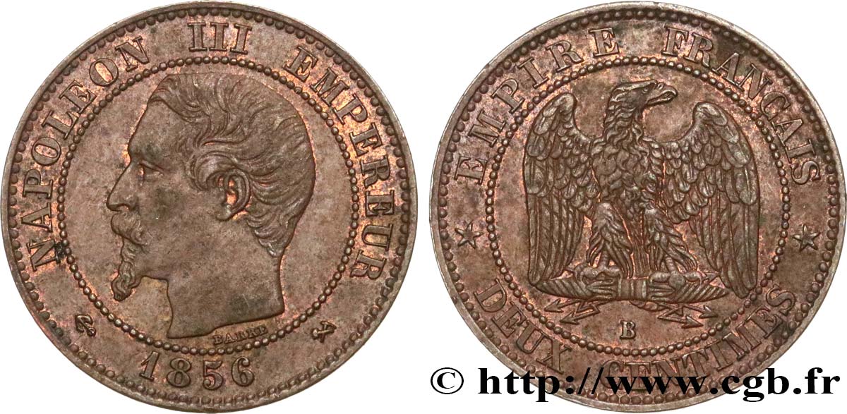 Deux centimes Napoléon III, tête nue 1856 Rouen F.107/39 TTB45 