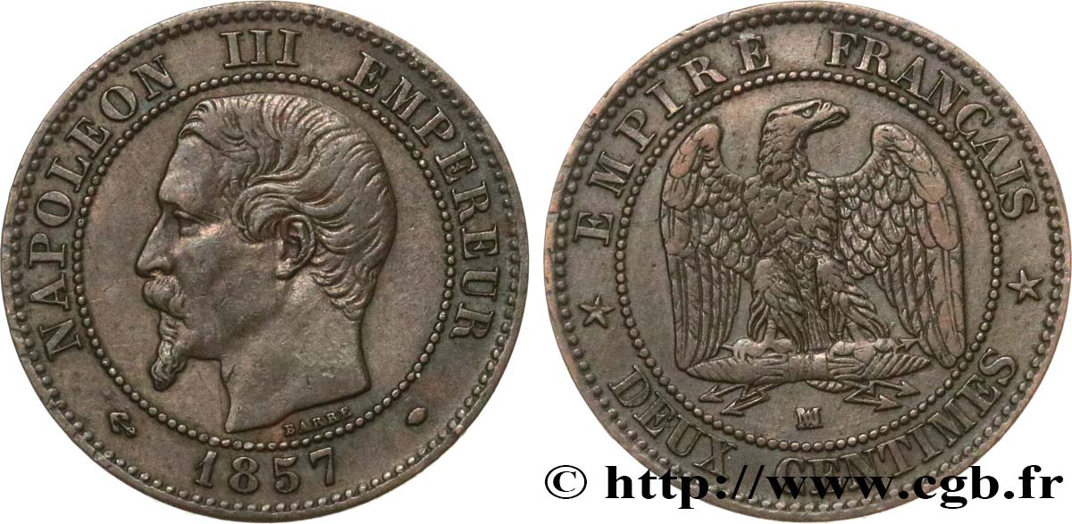 Deux centimes Napoléon III, tête nue 1857 Marseille F.107/50 MB35 