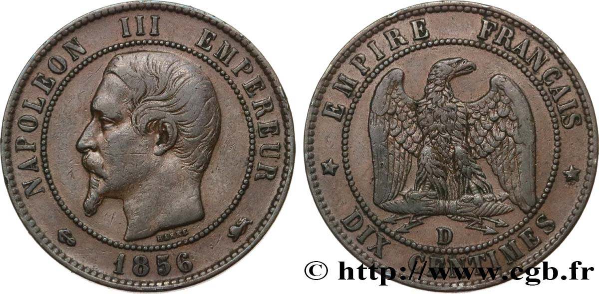 Dix centimes Napoléon III, tête nue 1856 Lyon F.133/37 MBC40 