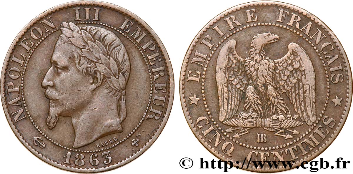 Cinq centimes Napoléon III, tête laurée 1863 Strasbourg F.117/11 TB30 
