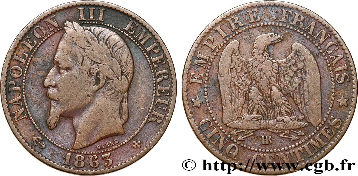Cinq centimes Napoléon III, tête laurée 1863 Strasbourg F.117/11 VF20 