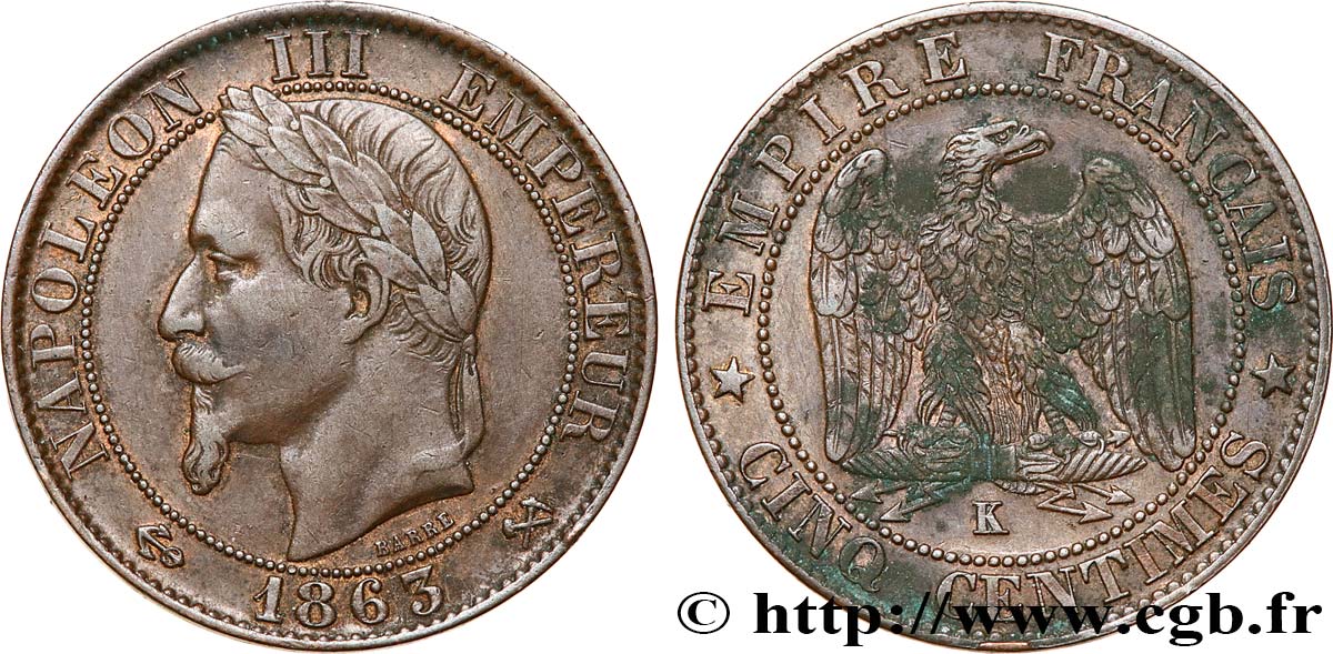 Cinq centimes Napoléon III, tête laurée 1863 Bordeaux F.117/12 SS 