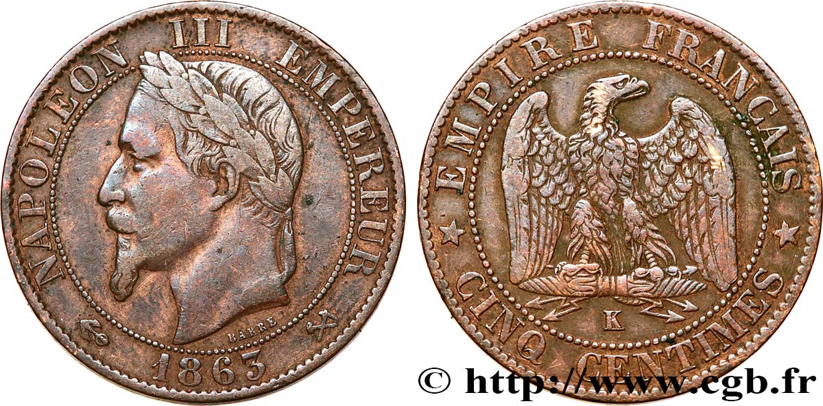 Cinq centimes Napoléon III, tête laurée 1863 Bordeaux F.117/12 TB 