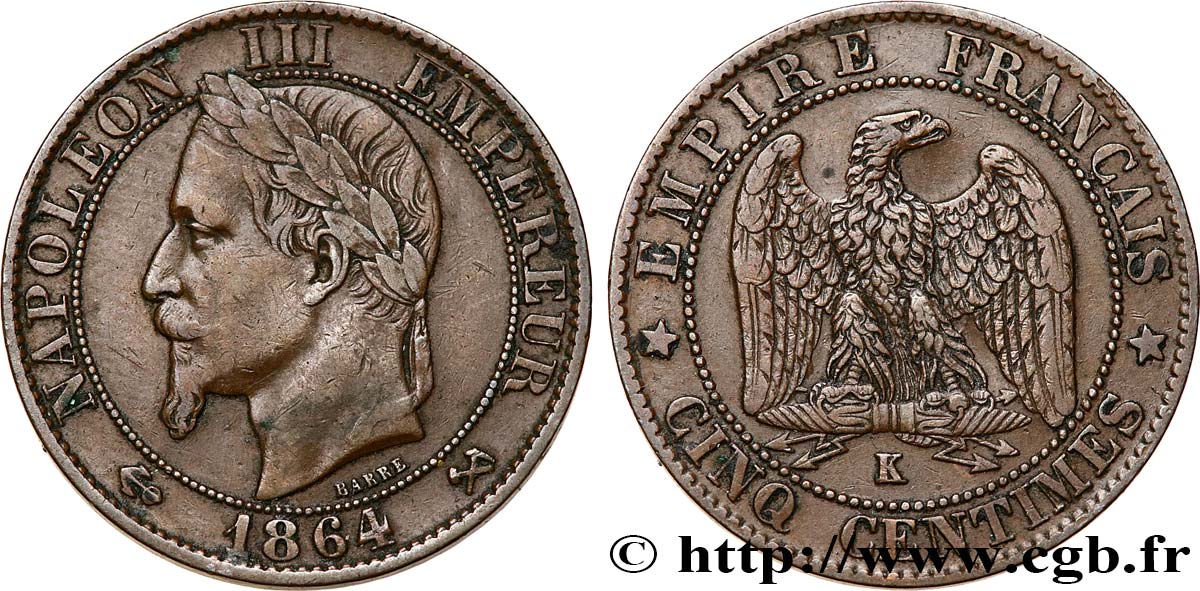 Cinq centimes Napoléon III, tête laurée 1864 Bordeaux F.117/15 TB35 