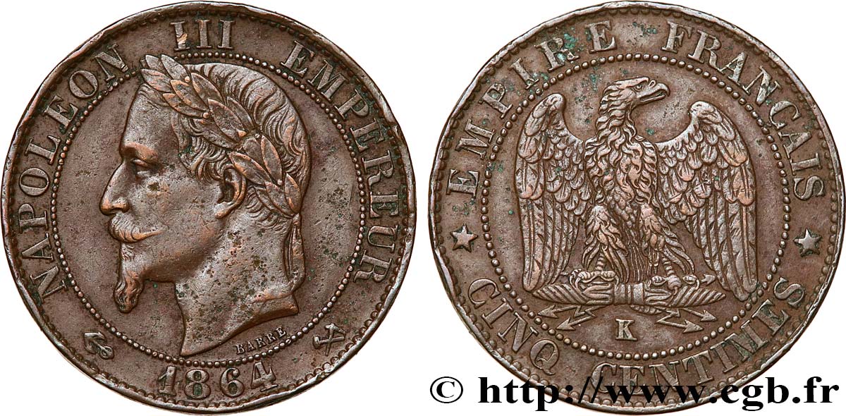 Cinq centimes Napoléon III, tête laurée 1864 Bordeaux F.117/15 fSS 