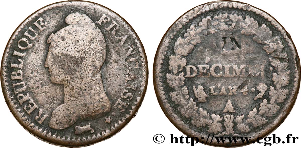 Un décime Dupré, modification du 2 décimes 1796 Paris F.127/1 B12 
