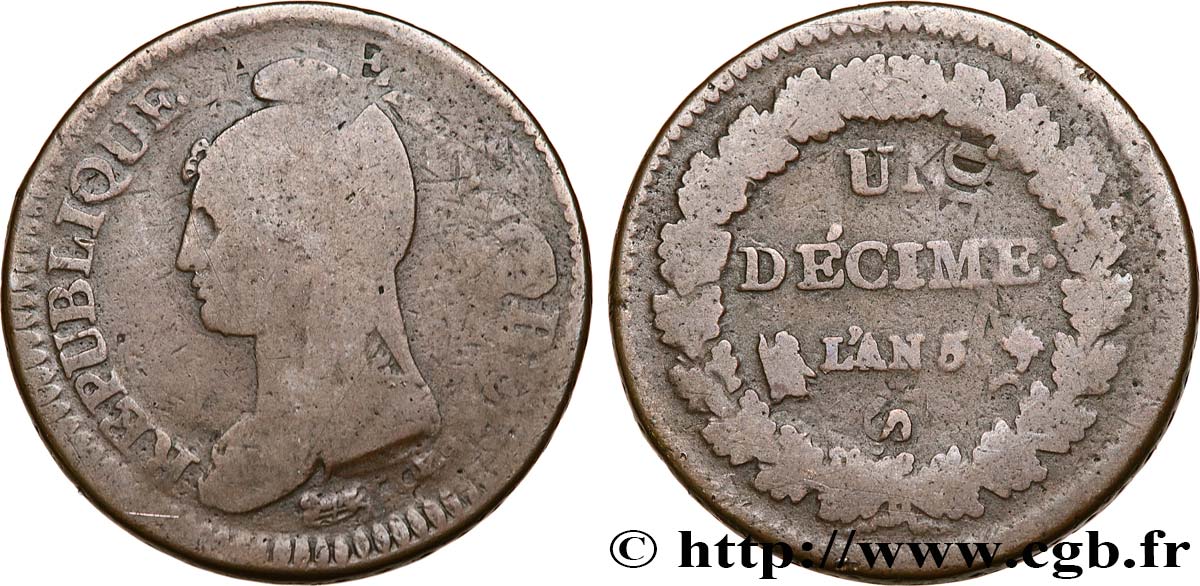 Un décime Dupré, grand module, &nbsp;refrappage&nbsp; du 2 décimes 1797 Paris F.128/1 F12 