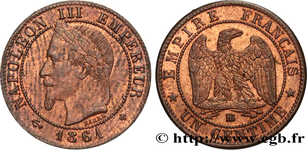 Un centime Napoléon III, tête laurée 1861 Strasbourg F.103/2 AU50 