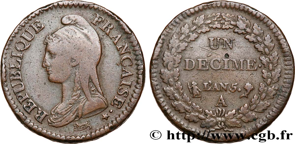 Un décime Dupré, grand module 1797 Paris F.129/1 VF 