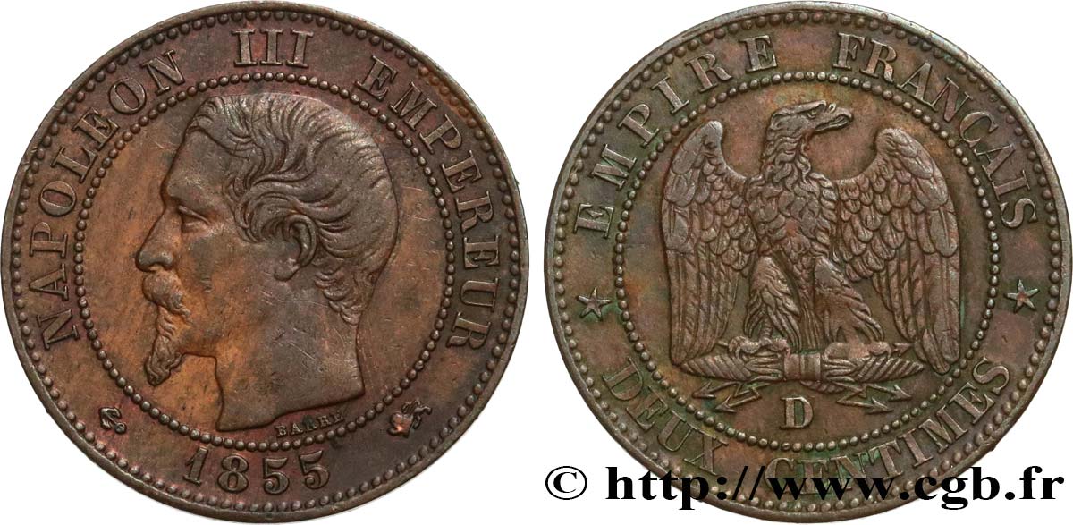 Deux centimes Napoléon III, tête nue 1855 Lyon F.107/27 BC35 