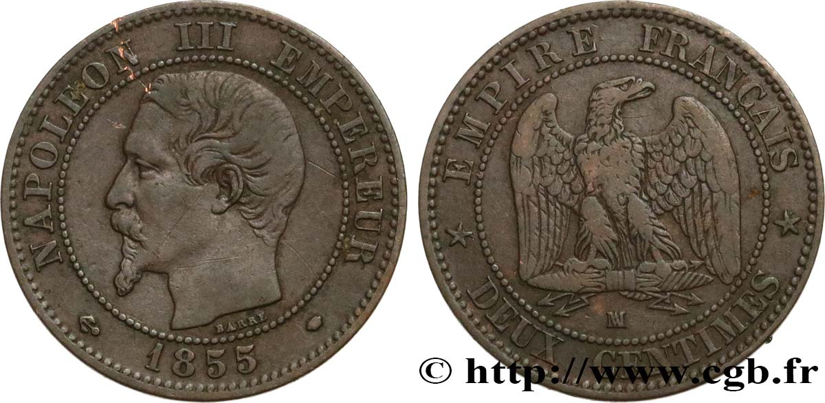 Deux centimes Napoléon III, tête nue 1855 Marseille F.107/36 S25 