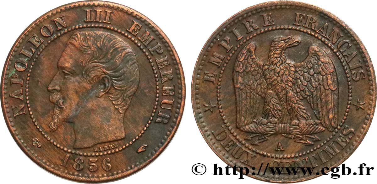 Deux centimes Napoléon III, tête nue 1856 Paris F.107/38 TTB50 