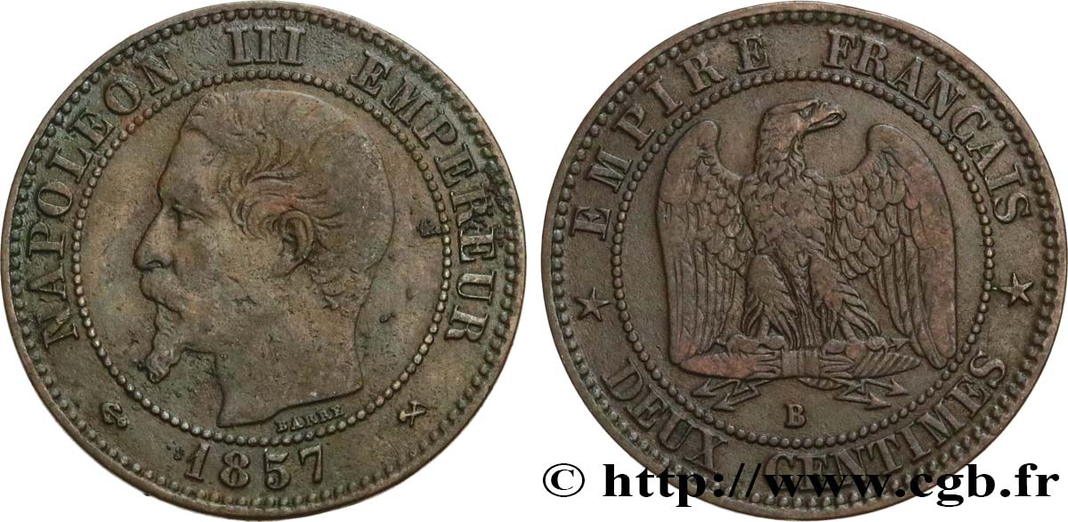 Deux centimes Napoléon III, tête nue 1857 Rouen F.107/45 BC20 