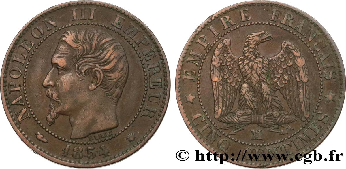 Cinq centimes Napoléon III, tête nue 1854 Marseille F.116/14 MBC45 