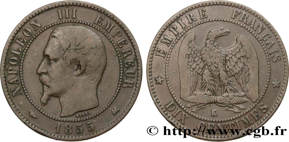 Dix centimes Napoléon III, tête nue 1855 Bordeaux F.133/27 S20 