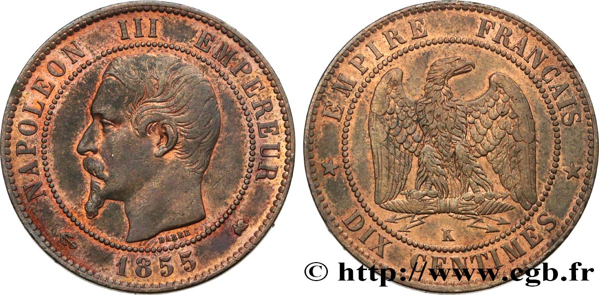 Dix centimes Napoléon III, tête nue 1855 Bordeaux F.133/29 BC+ 